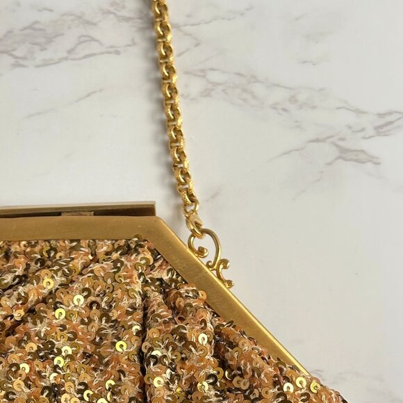 Vintage Mary Norton Zelda Bag, Gold Sequin Evening Clutch, Chain Strap Purse - Picture 4 of 9